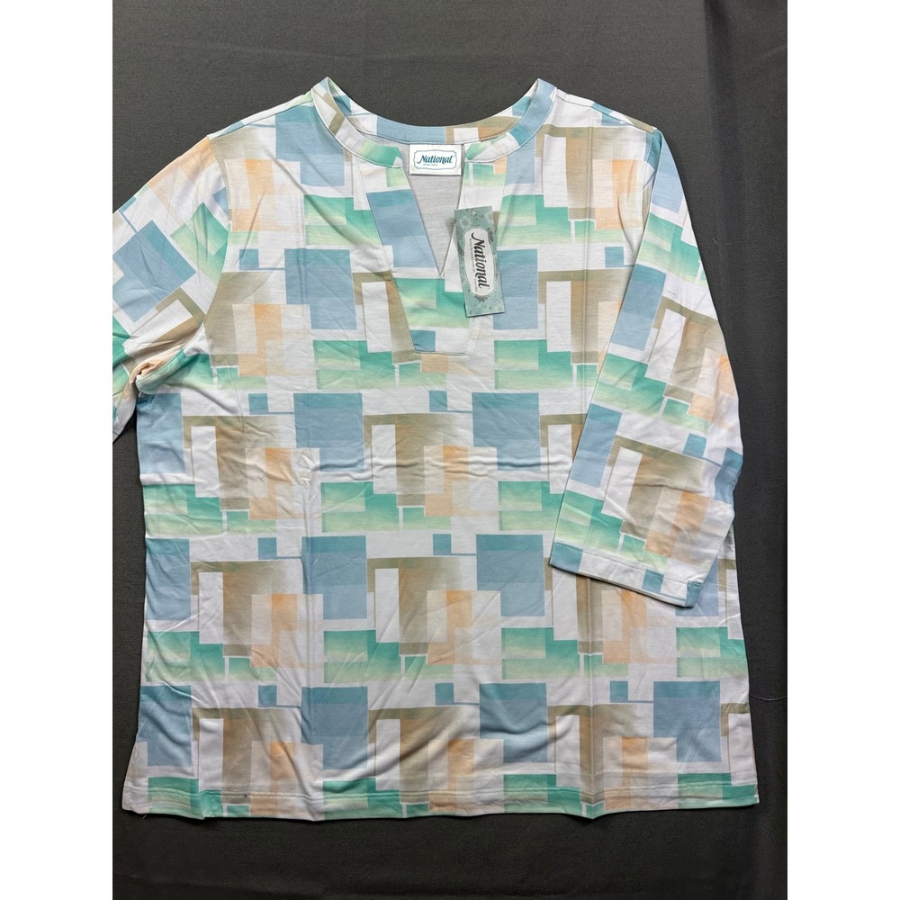 National Women XL Geometric Block Print Split Neck 3/4 Sleeve Top Blue Green NEW